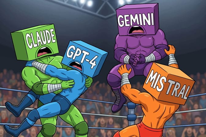 Four wrestlers, each representing a genAI model, compete in a wrestling ring. A green wrestler, representing Claude, grapples with GPT-4 in blue. A purple wrestler, representing Gemini, lunges at Mistral in orange.