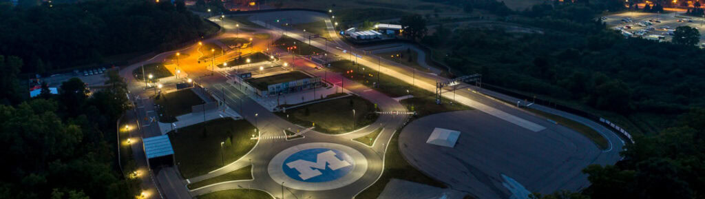 aerial drone footage of mcity at sunrise