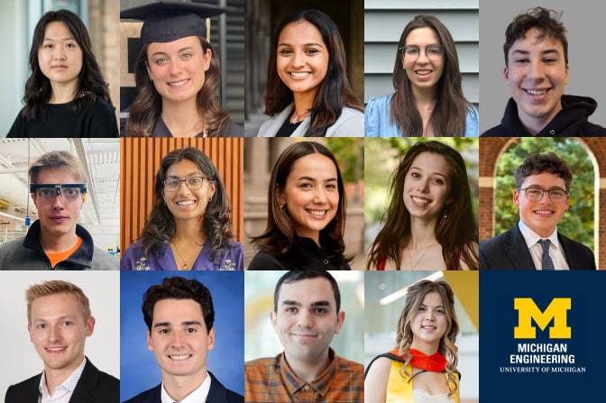 Collage of the fourteen Michigan Engineering NSF Graduate Fellowships for 2025-2026.