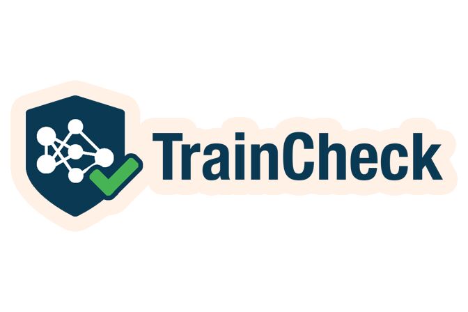 A logo reads, “TrainCheck.” A dark blue shield with six white dots connected by white lines is posited to its left. A green check mark overlays the shield.