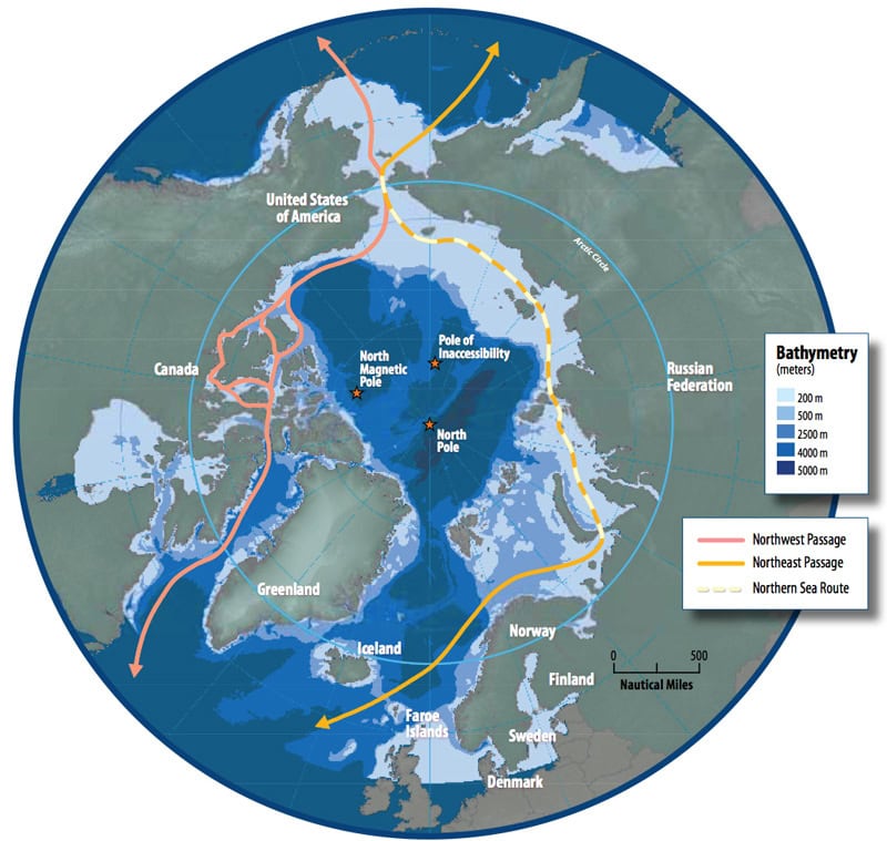 A map of the globe shows Russia and Scandinavia on the right and Greenland, Canada, and the U.S. on the left. The North Pole is in the Center. An orange line marks how the Northeast Passage runs along Russia's northern coastline, Norway, and out into the Atlantic Ocean between Iceland and the United Kingdom. A dotted yellow line shows how the Northern Sea Route overlaps with the Northeast Passage along Russia's Arctic coastline. A pink line shows how the Northwest Passage stretches from the Pacific Ocean to the Atlantic along Alaskan and Canadian shores. The ocean bathymetry is marked with shades of blue. Shallow waters near the coasts have lighter shades.