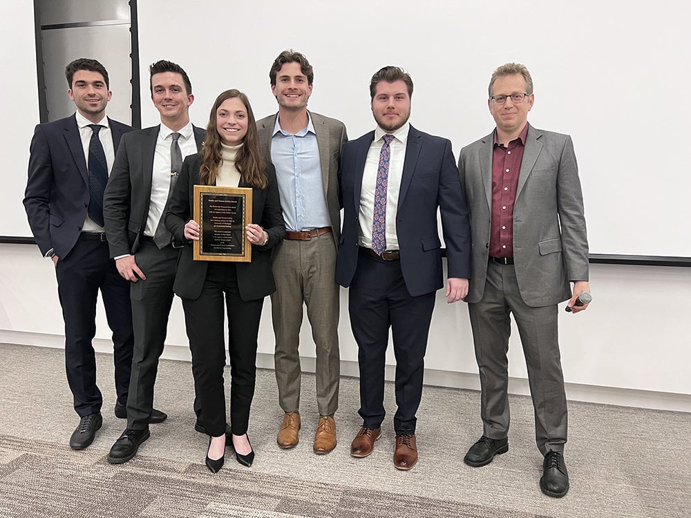 NAME students Slate Davis, Dimitrios Dikos, Chris DeMartinis, Sonia Gutt, and Jackson Browne with their project advisor, Professor Matthew Collette