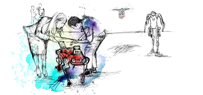 an artistic rendering of people working with robots
