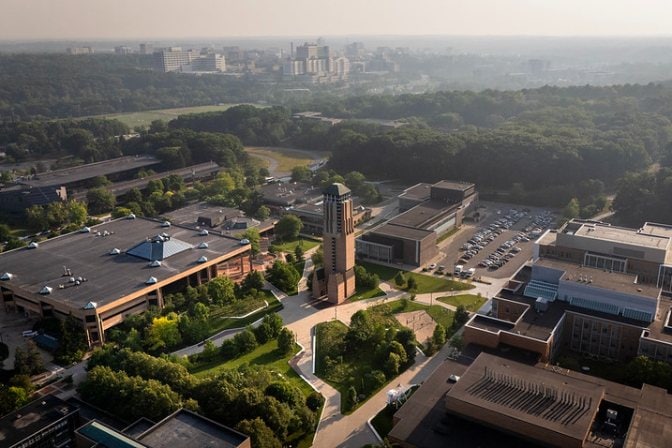 Aerial view of the University of Michigan north campus on a summer morning.
