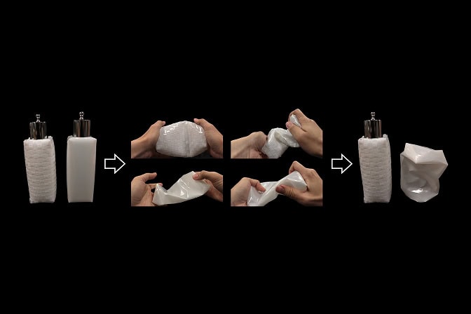 Left, Before: Two 25 gram plastic rectangular boxes, one woven and one a continuous sheet, each hold a 500 gram weight. Center, Axial buckling: Hands crush each box, compressing it inward. Center, Torsional buckling: Hands twist each box. Right, After: The woven box is the same shape as before, holding a 500 gram weight. The continuous box is deformed, unable to hold the weight.