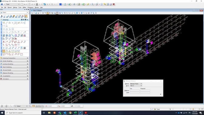 A computer program displays a schematic drawing of a ship. Most of the structure is outlined in white lines on a black background, but some parts of the ducting system are highlighted in a variety of colors.