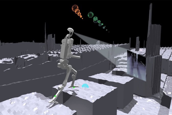 A 3-D geometric, gray simulated hiking trail including stepping stones with gaps in between, tall structures and a ridged plateau. A human-shaped robot with arms fixed at a 90 degree angle steps over a gap to the next stepping stone. A triangle visual field extends from the robot’s head, ending with a TV-screen of what the robot “sees.” Overhead, three sets of spheres hover in the air moving from largest to smallest pointing in the direction the robot moves. An orange set is closest to the robot, then a green set is closely followed by a gray set.
