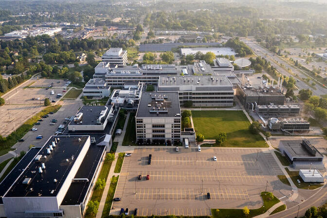 An aerial view of Michigan Engineering North Campus Research Complex.