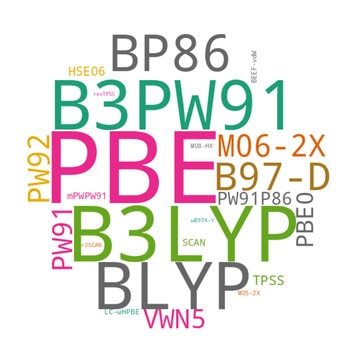 A collage of words with PBE the largest, followed by B3LYP, B3PW91, B3LYP, BLYP and BP86. Next size down is B97-D, followed closely by M06-2X, PW92, PW91, and VWN5. Next size down are PBE0, PW91P86, TPSS, HSE06, and mPWPW91. The smallest are SCAN, BEFF-cdW, M05-2X, M08-HX, LC-wHPBE, wB97X-V, r2SCAN and revTPSS.