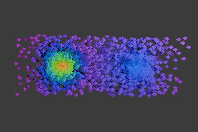 The molecule appears as a cylinder made up of octahedra, dense in the middle of the lithium and hydrogen atoms but becoming more diffuse. The cylinder is cut away along one edge, showing the core of each atom. The lithium is orange at the center, fading to yellow, green and then blue where the octahedra become more dispersed. At the edges and between the molecules, the octahedra are purple. The hydrogen is blue at the center.