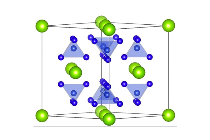 A molecular schematic of a cube with green spheres at each point representing selenide. Within the cube, six smaller evenly spaced pyramids hold smaller blue spheres representing copper.