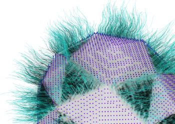 A nanoparticle resembles a 20-side die. Some of the triangular faces are coated with long, cyan appendages that look like hairs. Others are speckled with purple dots.
