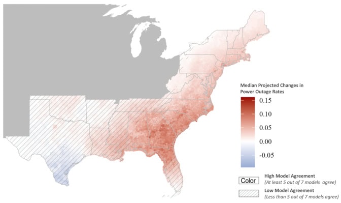 A map of the U.S. Eastern Seaboard displays areas most likely to see increased power outages in red, with a strong concentration near Georgia and Florida. The median projected changes in power outage rates ranges from from -0.05, shown in blue, to 0.15, shown in red. 
