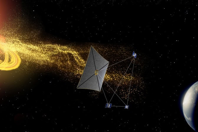 A stream of plasma moves from the sun toward Earth. On its way, the plasma hits four, square spacecraft, which are arranged in a triangular-pyramid formation. The spacecraft closest to the sun is in the center of a large, aluminum sail.