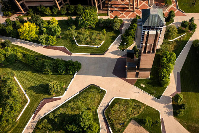 Aerial view of Lurie Tower and surrounding green space on the University of Michigan north campus.
