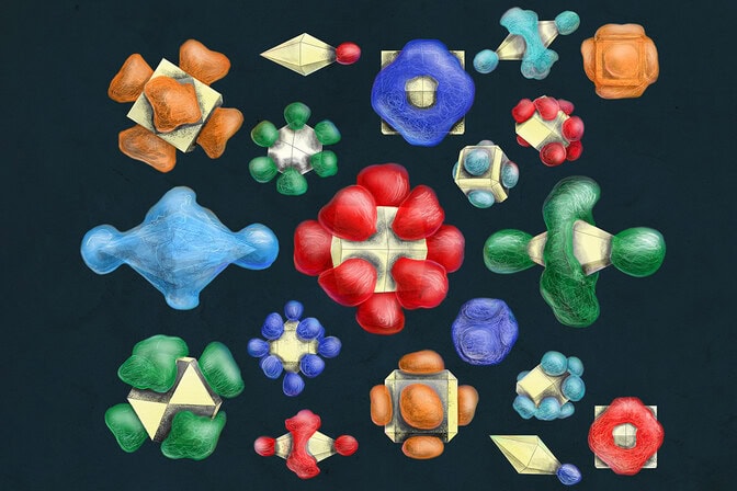 A collage shows drawings of gold nanoparticles. Some are shaped like cubes, others like diamonds, and some resemble the weird dice used in table-top roleplaying games. Colorful blobs protrude from their faces and corners, creating a plethora of patchy patterns that mark the locations of modifying surface molecules.