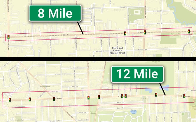 Two map segments show 8 Mile Road in Farmington Hills, MI (top) and 12 Mile Road in Royal Oak, MI (bottom). Red areas mark traffic signal optimization zones with green lights spanning across east–west intersections.