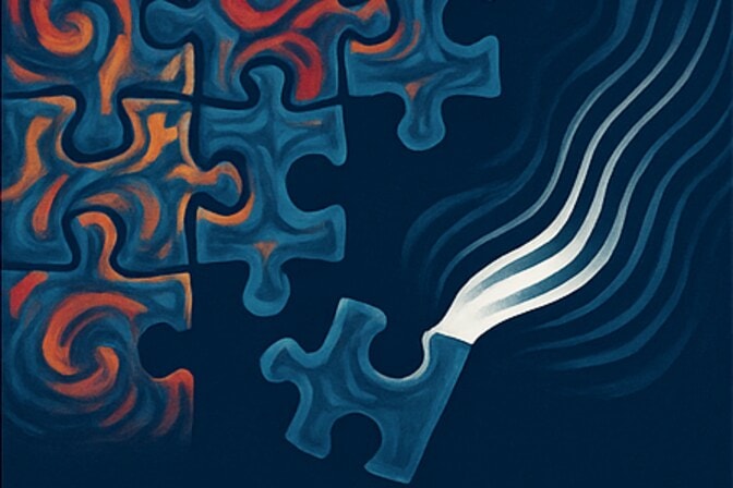A watercolor style graphic with six puzzle pieces assembled in the left corner. A missing piece moves towards an empty spot with turbulent flows extending behind in white.