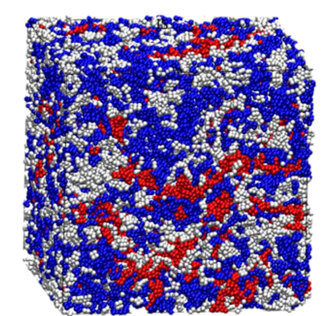 A cube depicts antibodies packed closely together in liquid. Roughly 40% of the cube appears white, 50% appears blue, and 10% appears red, grouped together in patches.