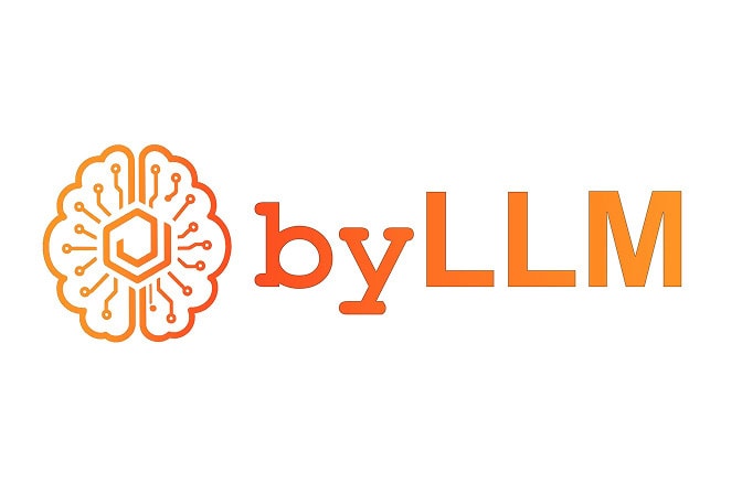A logo for byLLM. Left: A top down outline of a brain in orange. A swirl sits in the center of the brain, with lines with an open circle at the end extending from either side. Right: Orange text reads, “byLLM.”
