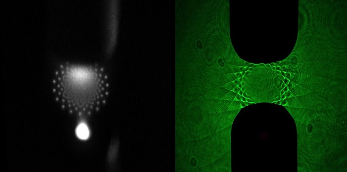 Many white dots form a star-like geometric pattern in the center of a black background. Right: A green image forms a many-pointed star with waves within the star’s points. In both images, a black rounded rectangle blocks the view from the top and bottom, created by the anode and cathode.