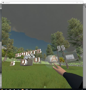 The image shows block letters hanging in the air, reading "SPORTS" with "SQU" below. The avatar hand points to an A arriving at an empty box, with another empty box to its right. A countdown timer reads 95 seconds to go. The letters and numbers appear against a background of green grass, trees and a gray and blue sky.