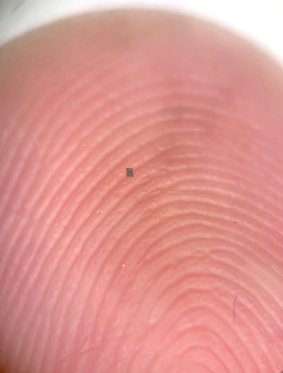 MIcroscopic view of the robot which appears as a tiny dark rectangle, could fit on an individual ridge of the fingertip.