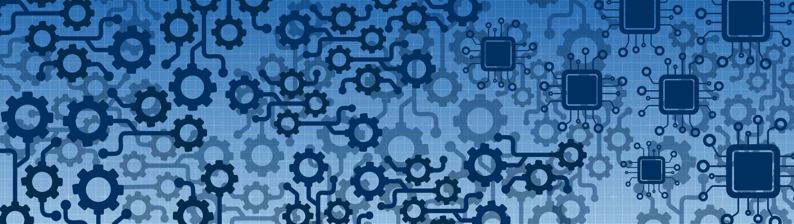 Interconnected gears and circuits on a blue grid background.
