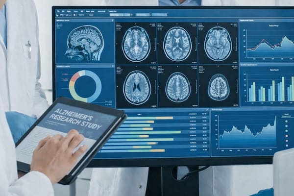 A person in a lab coat uses a tablet while reviewing various graphs and images on a large screen.