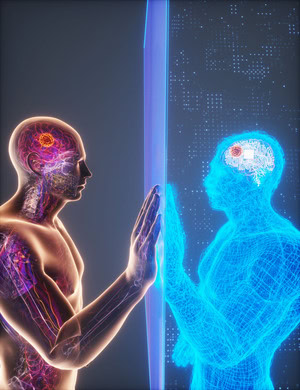 The digital twin is the mirror image of the illustrated man, each shown with a tumor in his brain and a palm pressed to the wall that divides them.