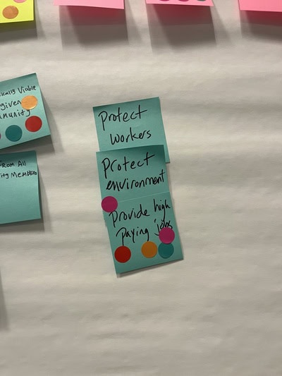 Three teal sticky notes stacked on top of another on a white paper background. The sticky notes read: Protect workers; Protect the environment; Provide high paying jobs.