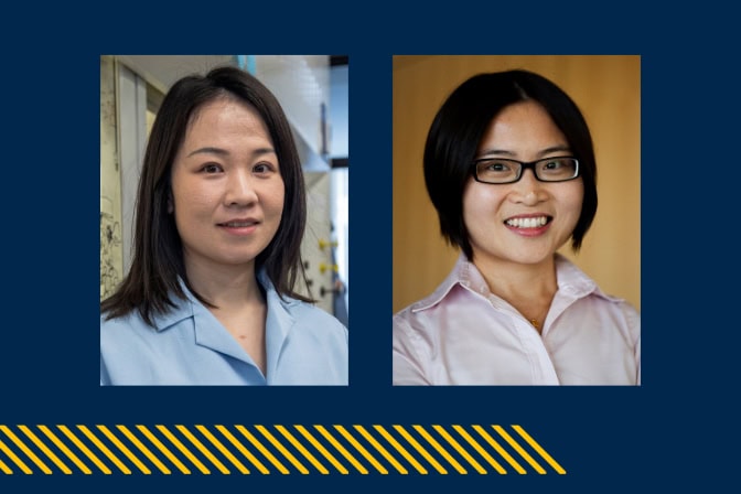 Portraits of Zhen Xu (right), the Li Ka Shing Professor of Biomedical Engineering and inventor of histotripsy. Xiwen Gong (left), an assistant professor of chemical engineering.