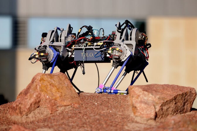 The robot resembles a dog in an attentive resting position. Its forelimbs lay on the ground, partially obscured by rocks. The robot has four legs with backward-facing knees. Each leg has three actuators. Exposed wires link up to the motors. T.R.O.T is emblazoned on the case around the belly of the robot.