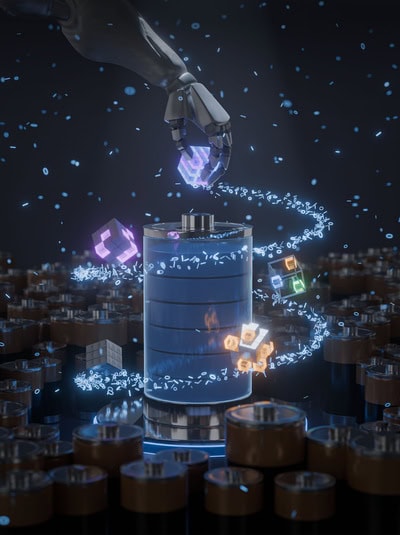 A rising swirl of text characters and four cubes spirals around a cylindrical battery standing on end. The swirl ends at a robotic hand grasping a fifth cube. Around the cylindrical cell are many others, standing on their ends.