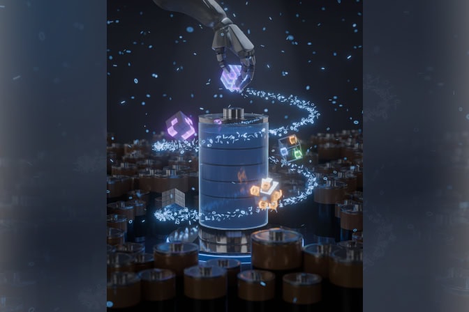 A rising swirl of text characters and four cubes spirals around a cylindrical battery standing on end. The swirl ends at a robotic hand grasping a fifth cube. Around the cylindrical cell are many others, standing on their ends.