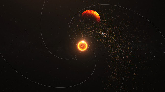 The sun glows orange in space, with orange and yellow flecks around it in a spiraling path (which is also marked by orange lines). The eruption plume flies ahead of the sun and looks like a curved, orange cloud. Some solar energetic particles fly in the opposite direction of the eruption, following a spiraling path.