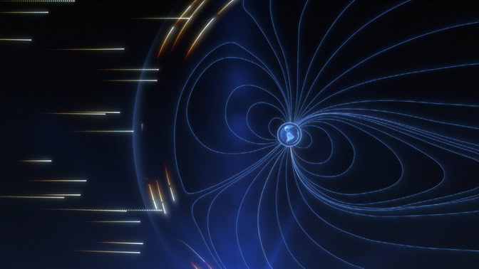 Earth's magnetic field lines look like concentric loops that start and end at one of Earth's poles. They form a blue bubble around the Earth. Orange and red solar particles are deflected at the outermost layer of the bubble.