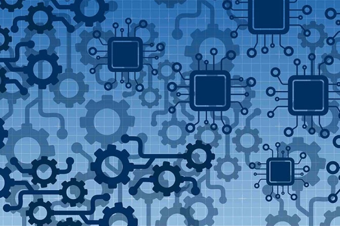 Background image with illustrated gears and chips. Shades of blue.