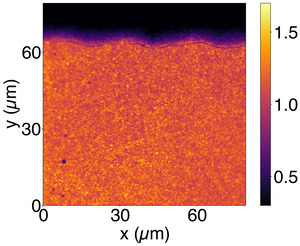 The image is a patchwork of tiny grains representing brighter and darker regions. The image shows an area about 75 microns to a side.