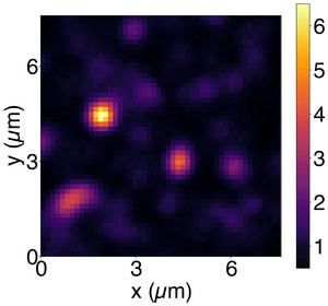 In a grainy image composed of visible squares, a couple brightly glowing blobs and several darker ones appear on a dark background. Each square represents about 150 nanometers, and typical bright spots appear to be about 450 nanometers wide. The image shows an area about 7.5 microns to a side.
