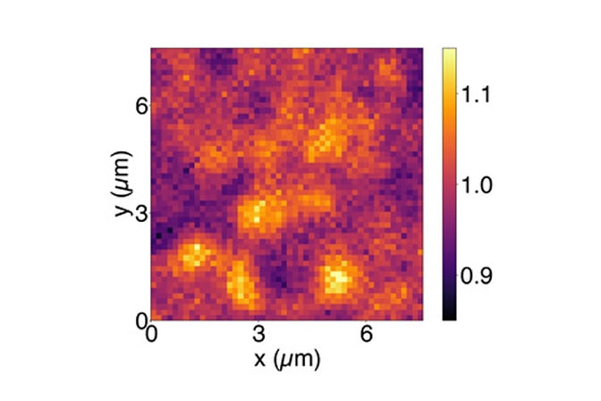 In a grainy image composed of visible squares, a few brightly glowing blobs appear amidst dimmer blobs and darker patches. Each square represents about 150 nanometers, and typical bright spots appear to be about 750 nanometers wide. The image shows an area about 7.5 microns to a side.