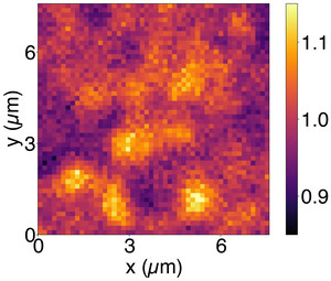 In a grainy image composed of visible squares, a few brightly glowing blobs appear amidst dimmer blobs and darker patches. Each square represents about 150 nanometers, and typical bright spots appear to be about 750 nanometers wide. The image shows an area about 7.5 microns to a side.