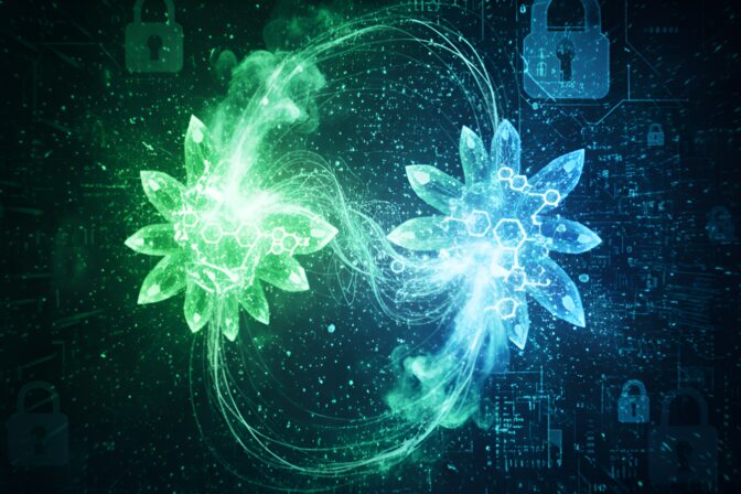 Two star-shaped, glowing crystals, one green and one blue, connected by a circle of light on a black background dotted with outlines of lock symbols.