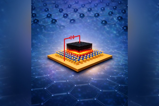 A simplified graphic of a thin film circuit. A gold square sits on the bottom with layers of one-atom-thick materials on top. A red line comes up from the gold panel to the top of the 2D layers, denoting the negative end of the closed circuit.