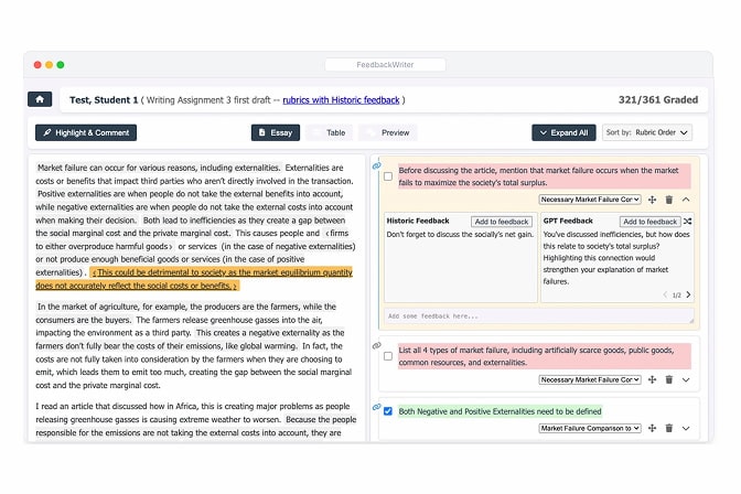 Screenshot of FeedbackWriter grading interface displays a student essay with highlighted sections, historic and AI-generated feedback boxes on the right, and editing controls for teaching assistants to adjust rubric judgments, text, and refresh AI suggestions.