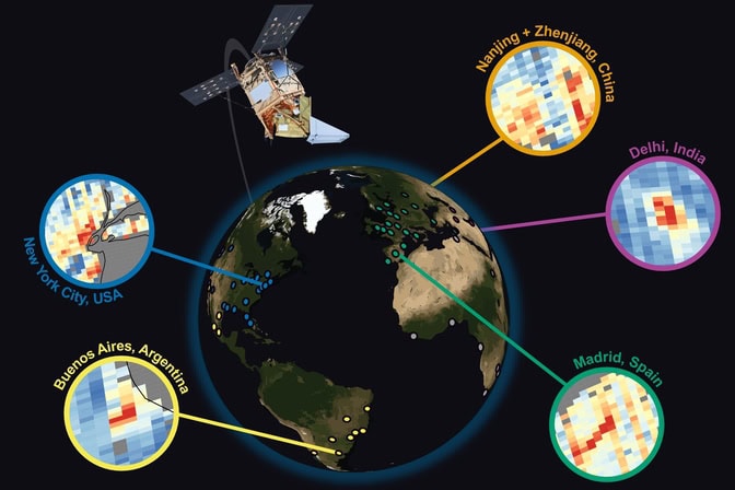 A golden-copper satellite with three solar panels orbits the Earth. Many cities that were surveyed in the study are marked on the map. Five example satellite images are located over New York City, USA; Buenos Aires, Argentina; Nanjing, China; Delhi, India; and Madrid, Spain. The photos show red and orange pixels clustered within blue pixels.