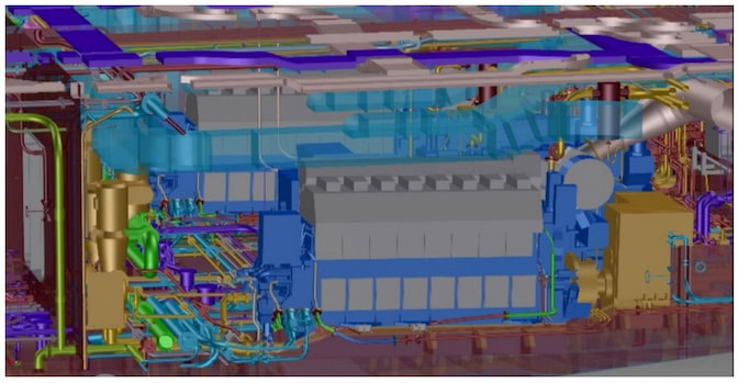 A computer model shows many interconnected pieces of equipment, ductwork and piping confined in a tight space. Individual routes of pipe and components are colored bright shades of blue, orange, red, and green.