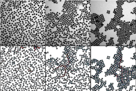 A panel of images shows how black cubes move into crystals. There are three images in each row. In the left column, the cubes are a uniform random mix throughout the picture. In the middle column, the cubes are still distributed throughout the image, but there are more clumps. In the right column, the squares are tightly packed into clusters, with white space between them. The images in the top row are black and white, while the bottom images are a mix of blue and white points, with pink and red lines connecting them.