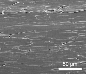 Individual fibers are no longer discernible in the gray-scale image. A few cracks are visible in the material.