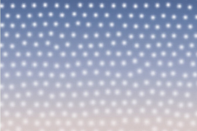 White dots are arranged in neat rows toward the top of the image but become more chaotically dispersed toward the bottom of the image. The color of the background shifts from blue at the top of the image to pink at the bottom.